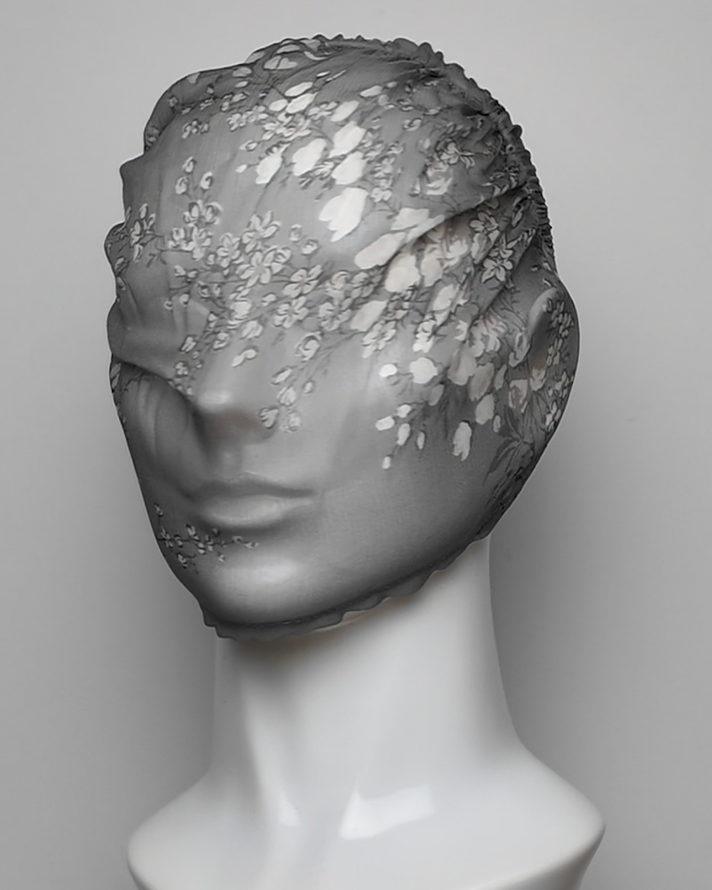 Grey Floral Pure Silk See Through Headband Face Mask