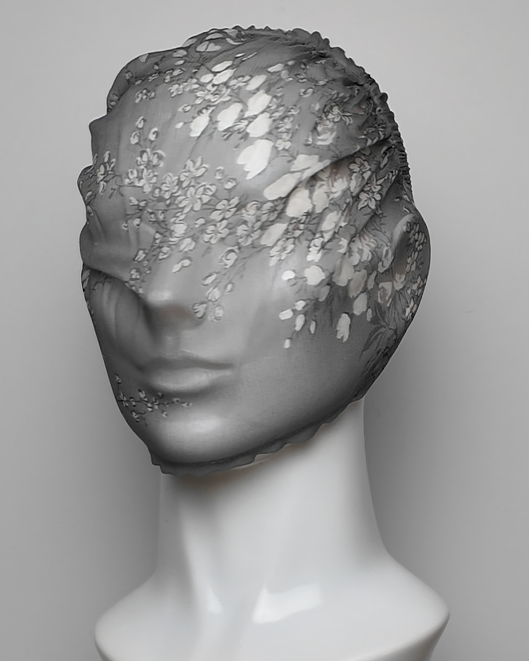 Grey Floral Pure Silk See Through Headband Face Mask