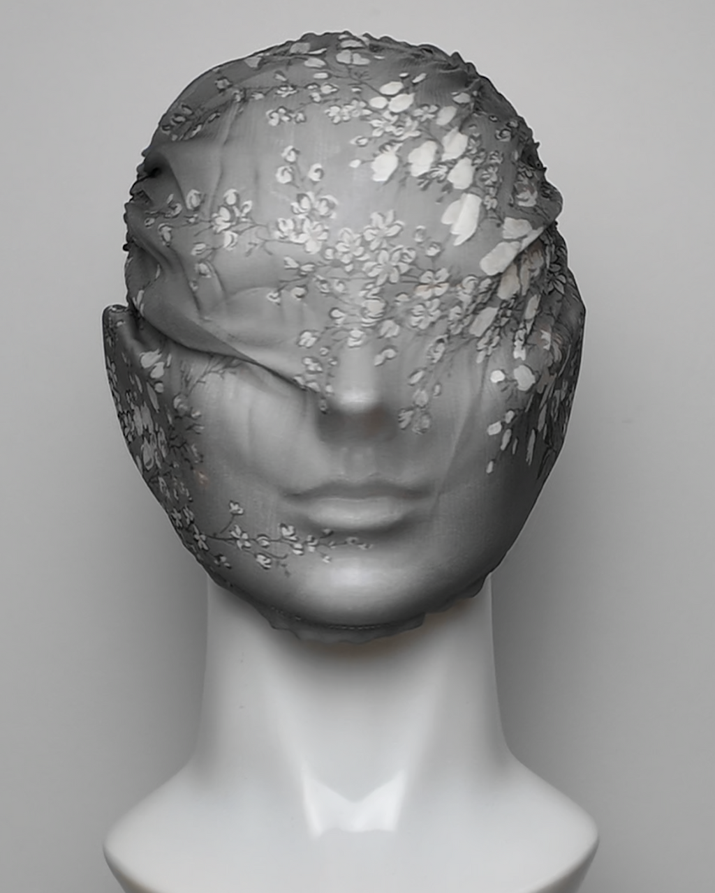 Grey Floral Pure Silk See Through Headband Face Mask