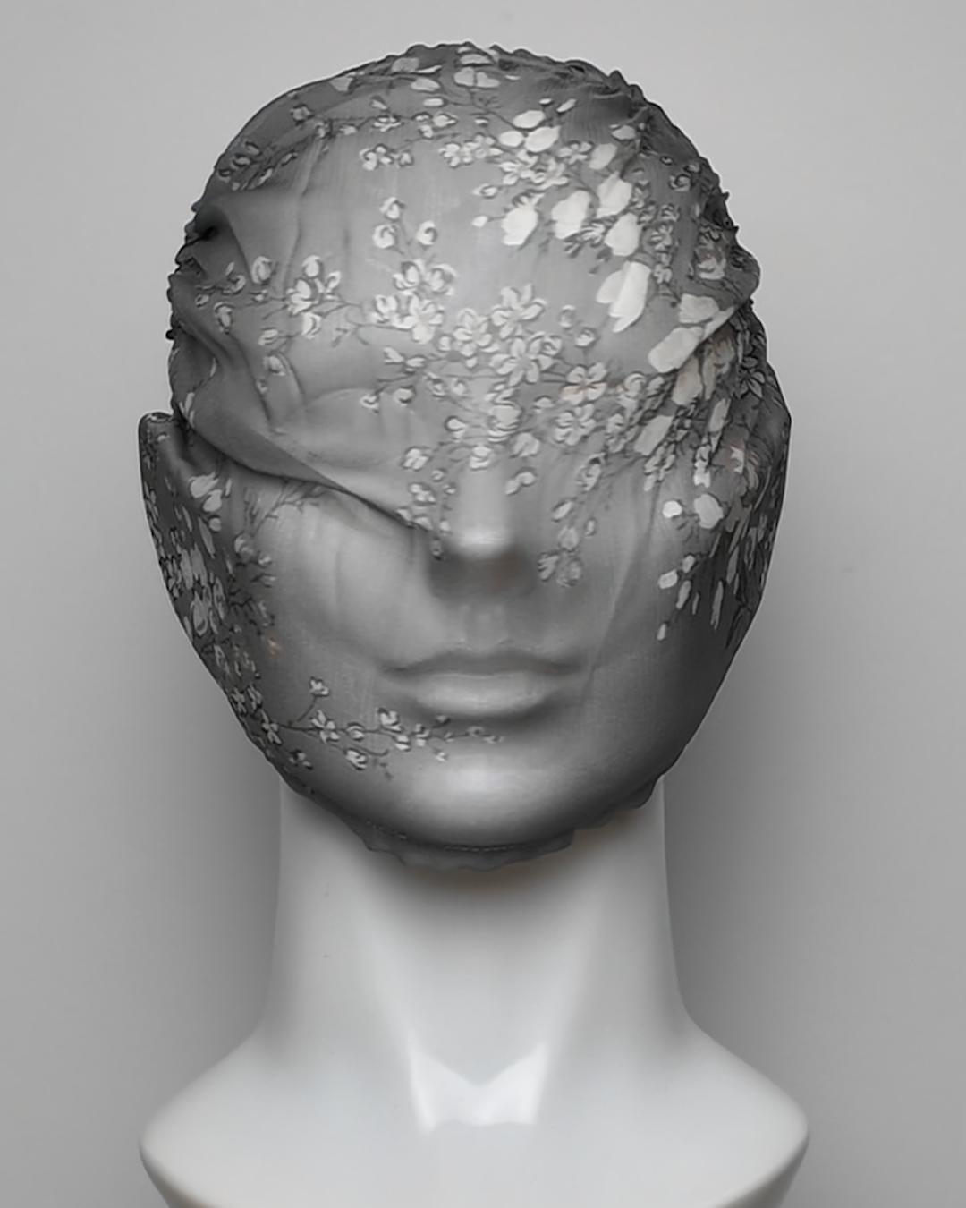 Grey Floral Pure Silk See Through Headband Face Mask
