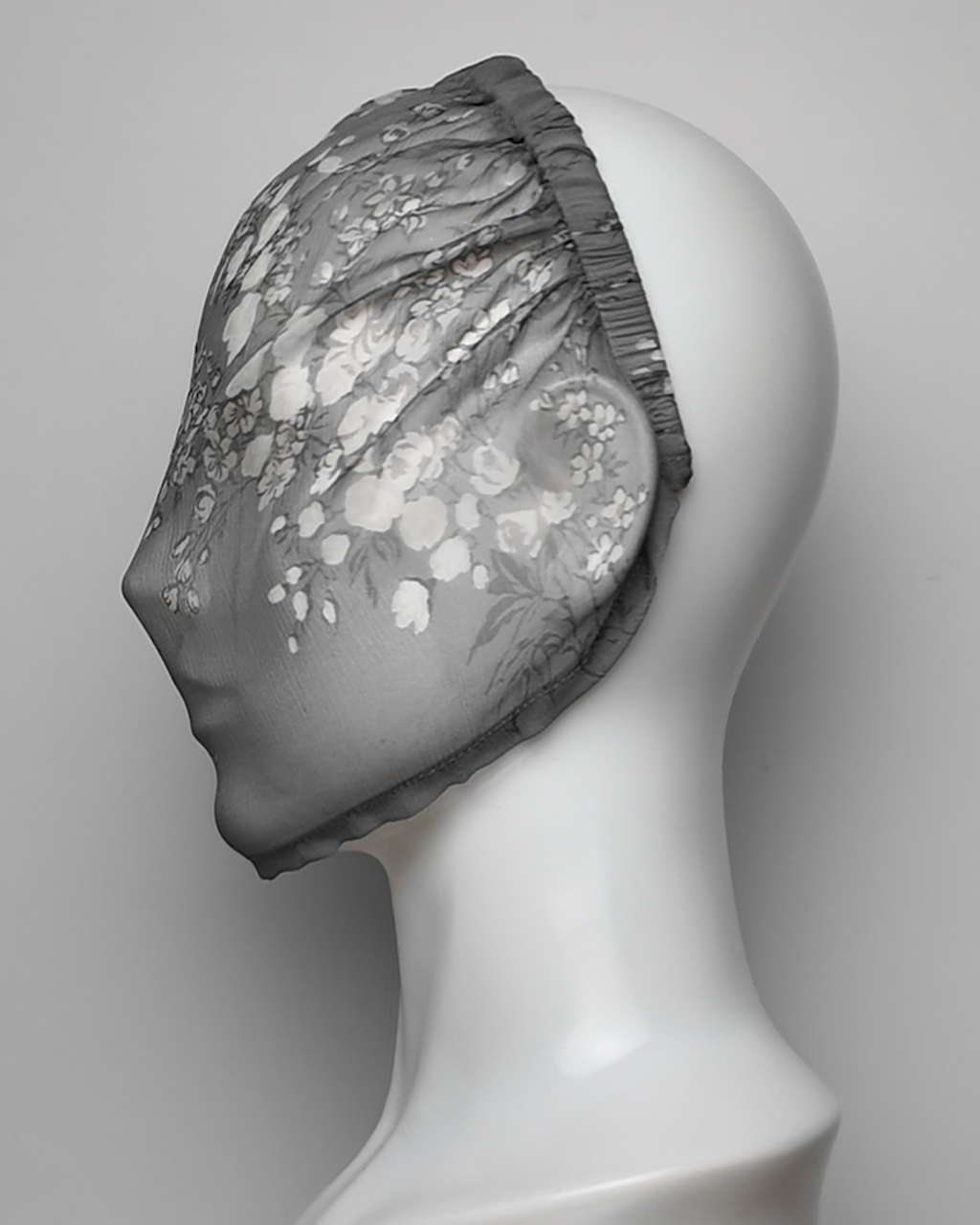 Grey Floral Pure Silk See Through Headband Face Mask
