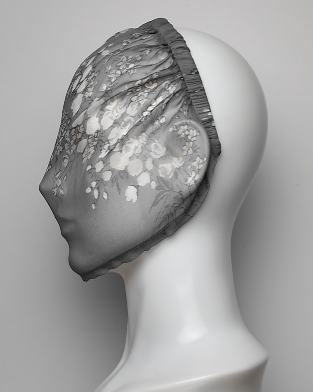 Grey Floral Pure Silk See Through Headband Face Mask