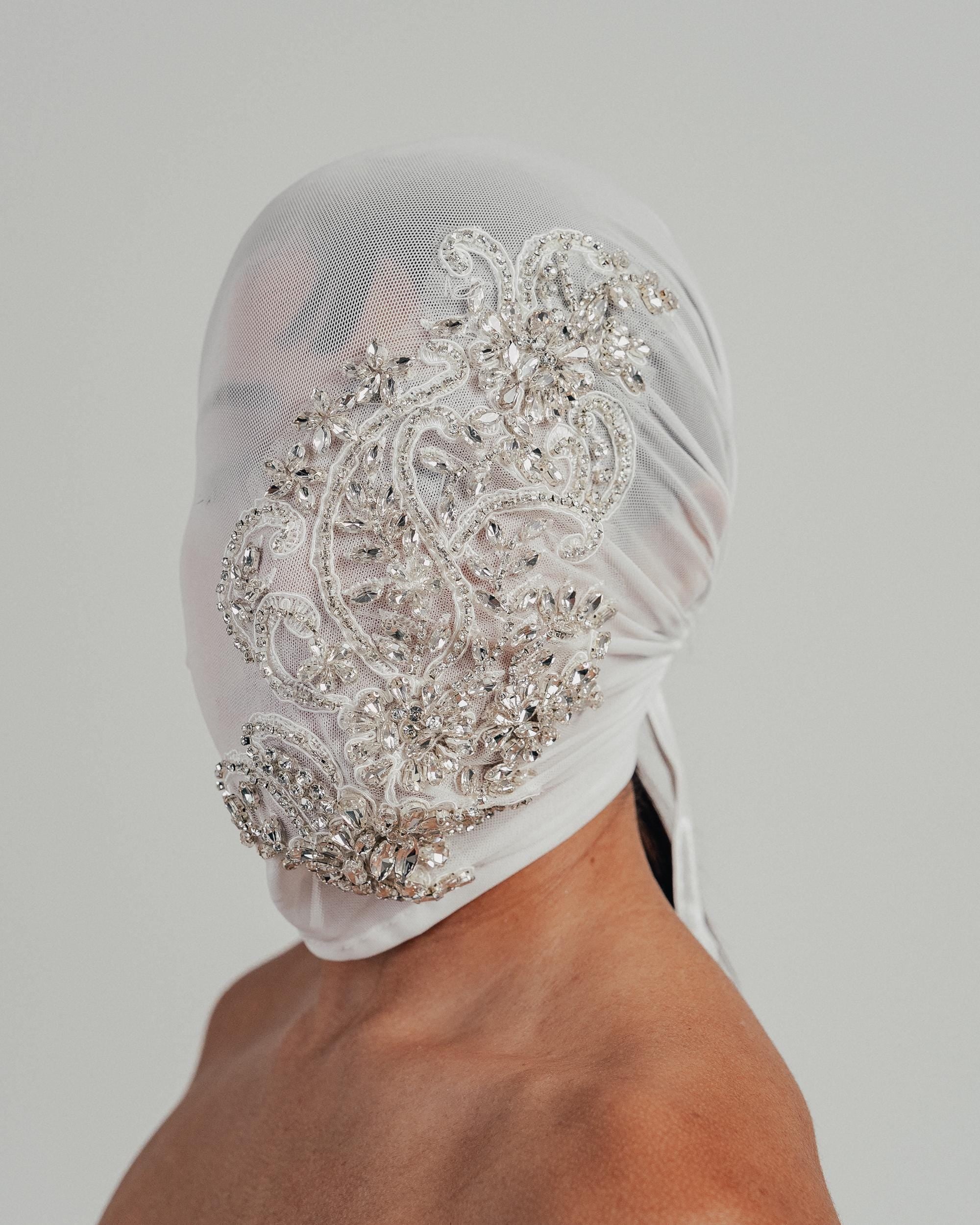 White Soft See-Through Mesh Face Head Mask with Crystal Embellishment