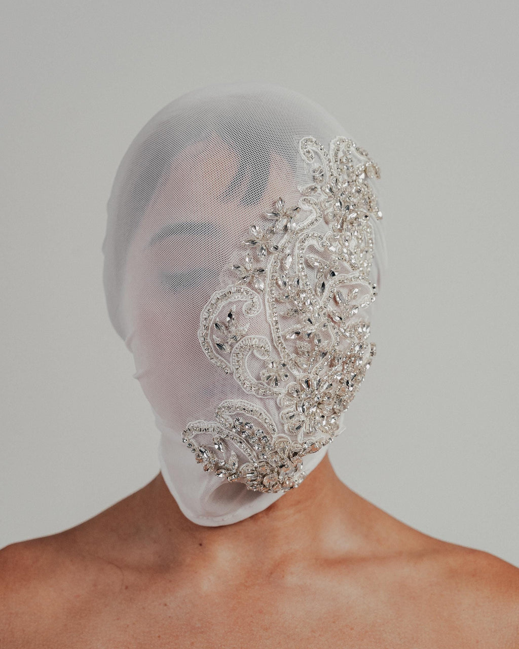 White Soft See-Through Mesh Face Head Mask with Crystal Embellishment