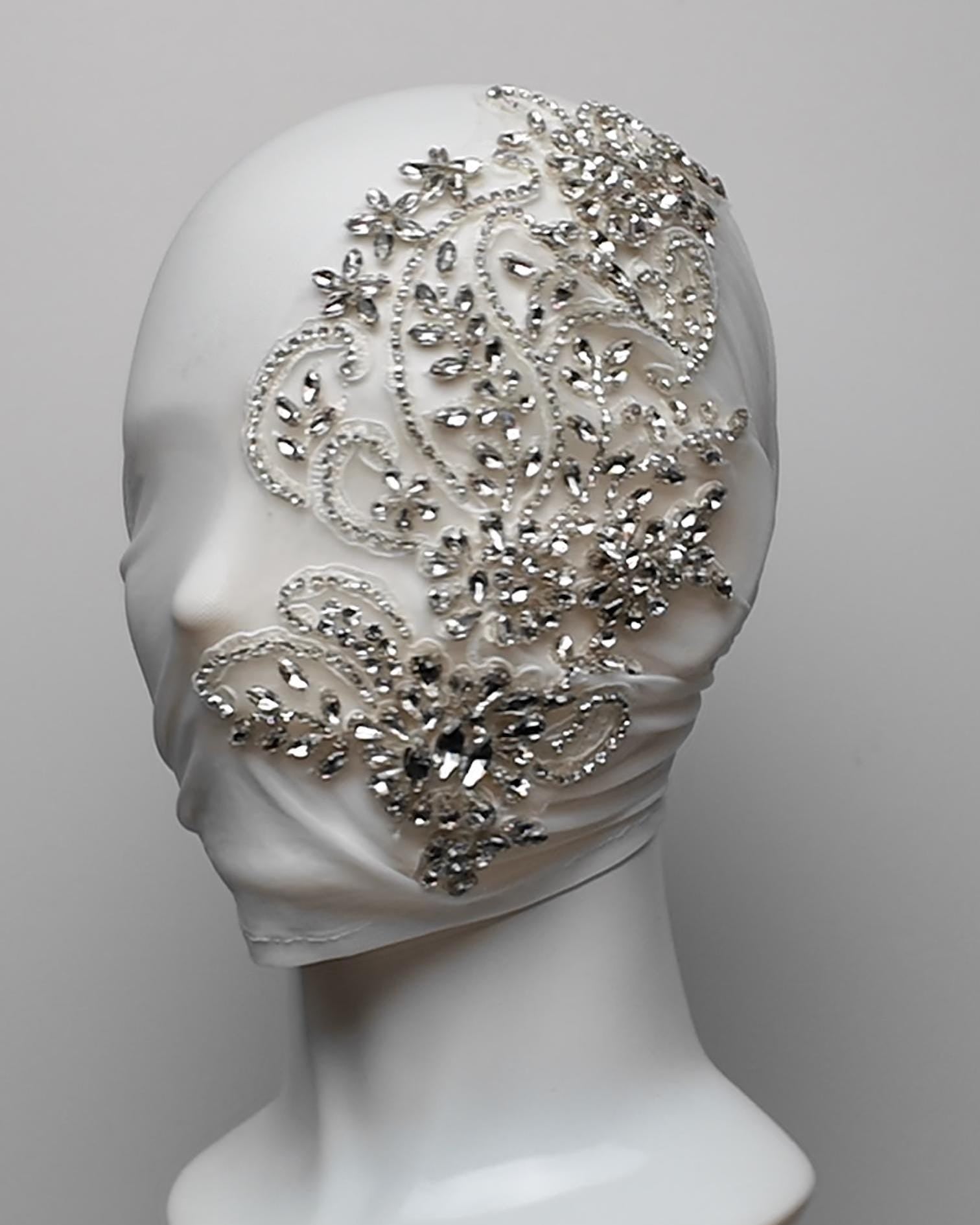 White Soft See-Through Mesh Face Head Mask with Crystal Embellishment