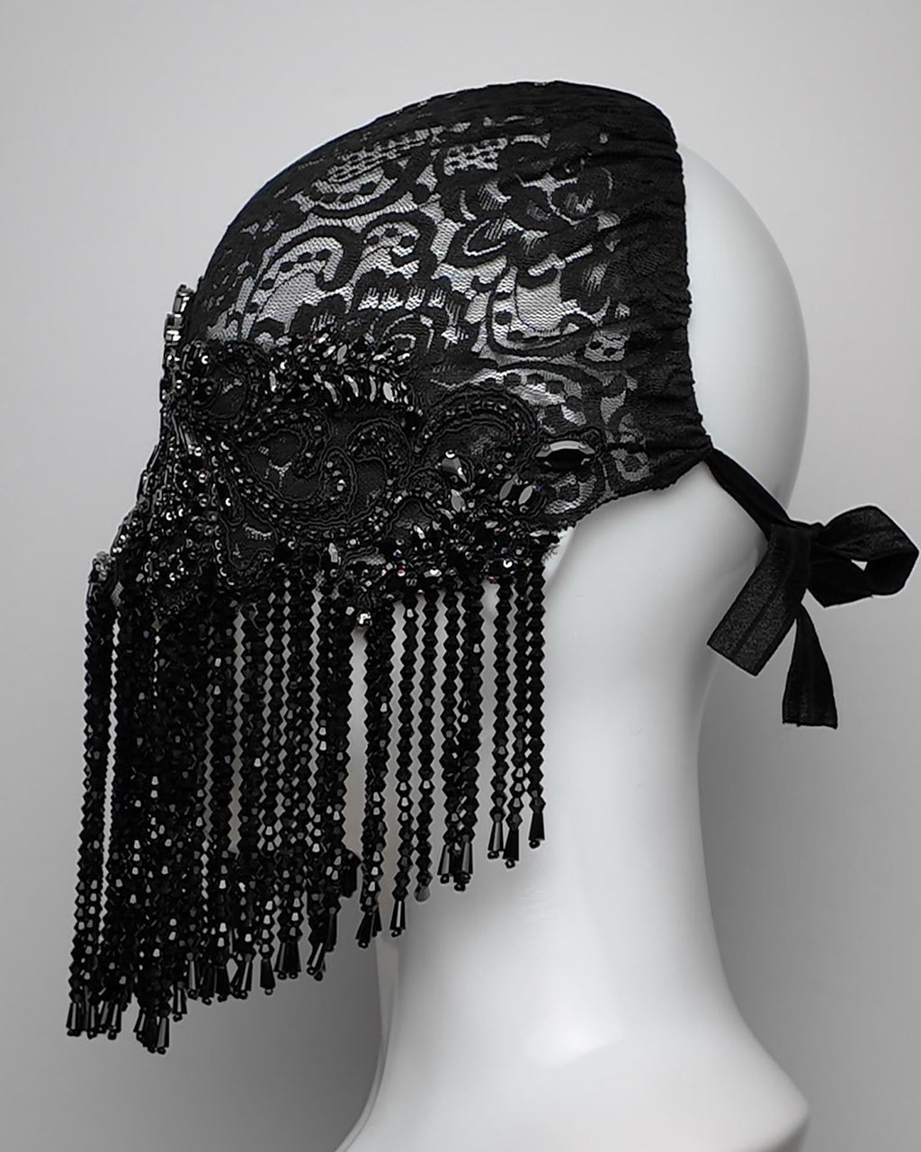 Obsidian Beaded Fringe Face Head Mask with Crystal Embellishment