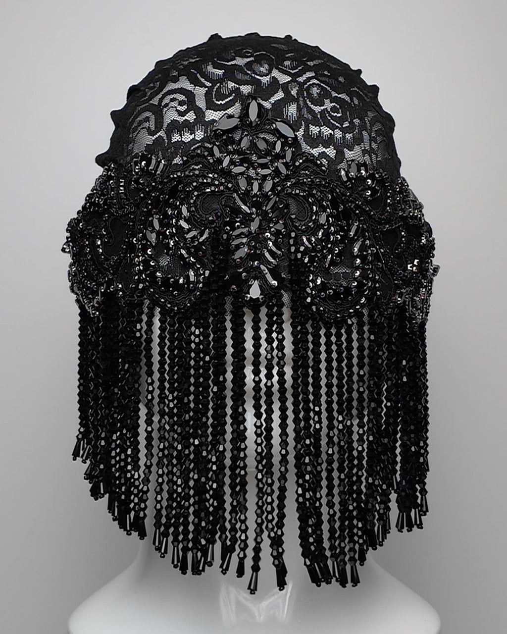 Obsidian Beaded Fringe Face Head Mask with Crystal Embellishment