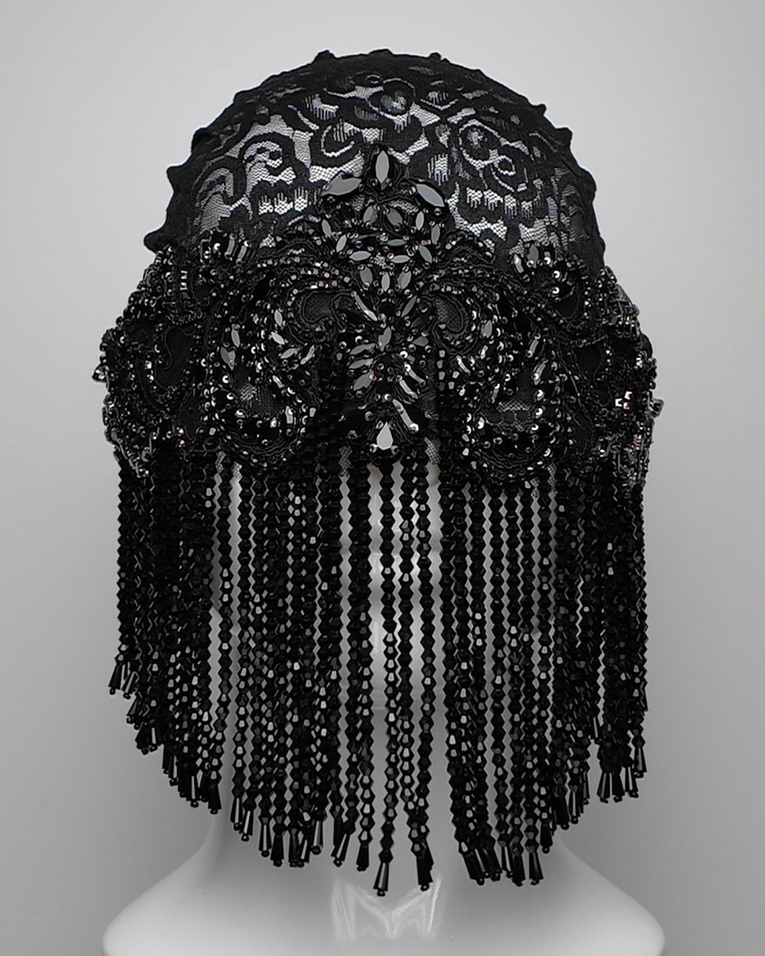 Obsidian Beaded Fringe Face Head Mask with Crystal Embellishment