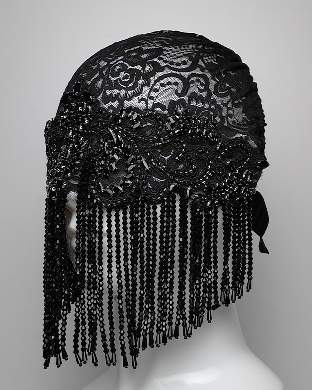 Obsidian Beaded Fringe Face Head Mask with Crystal Embellishment
