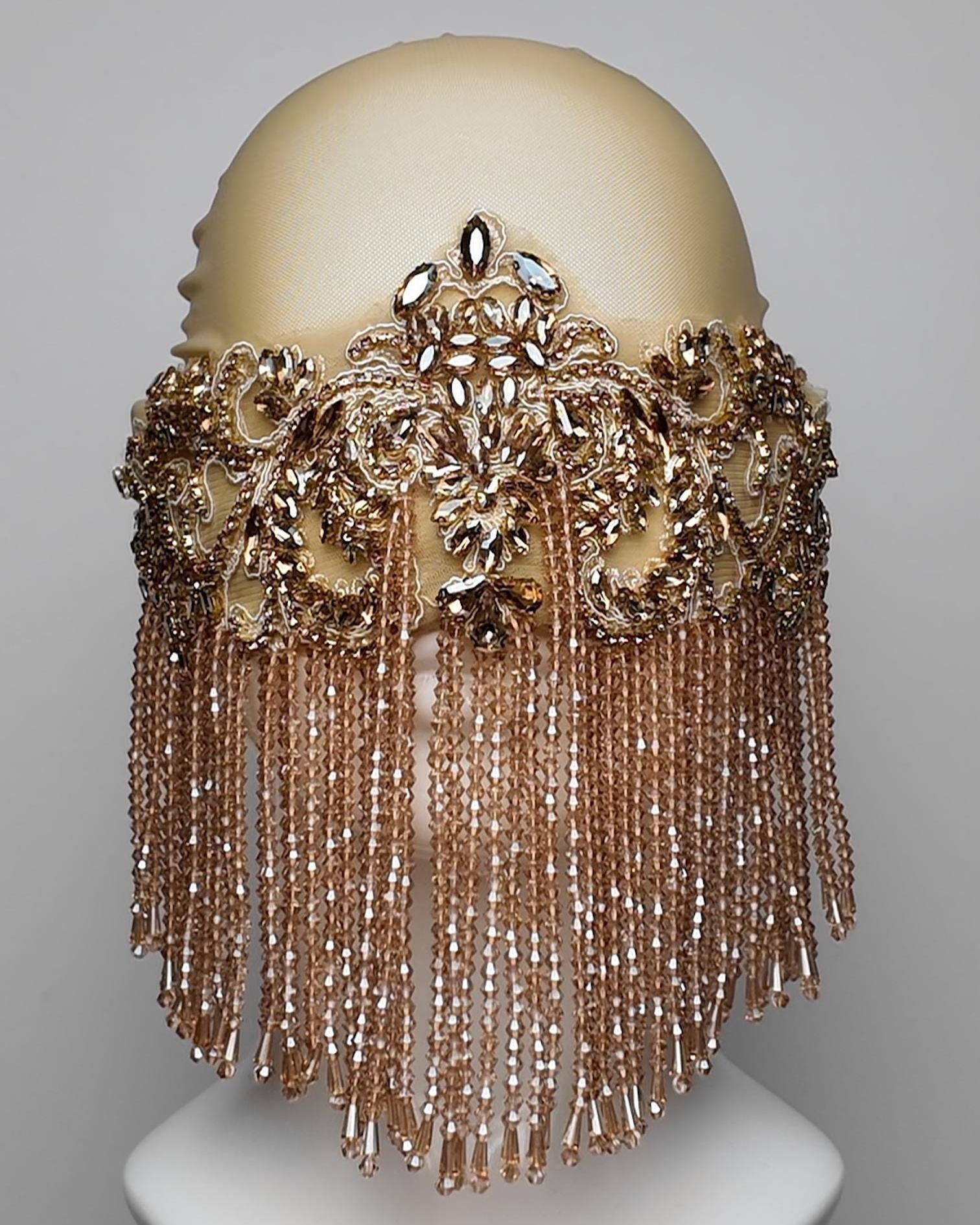 Champagne Beaded Fringe Mesh Mask with Crystal Embellishment