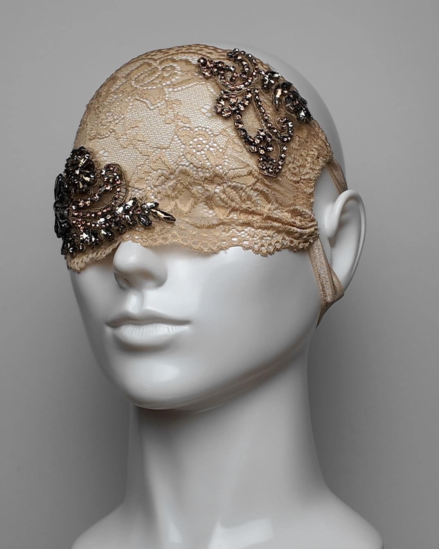 Champagne Sheer Lace Eye Mask with Crystal Embellishment