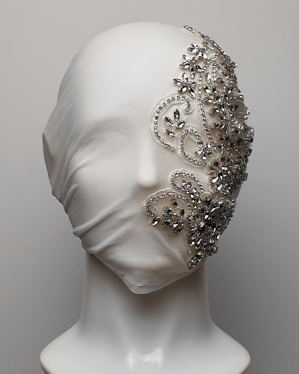 White Soft See-Through Mesh Face Head Mask with Crystal Embellishment