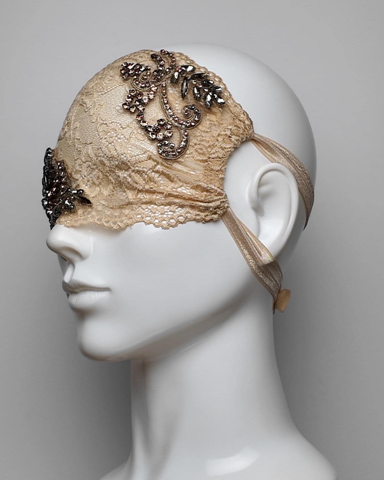 Champagne Sheer Lace Eye Mask with Crystal Embellishment