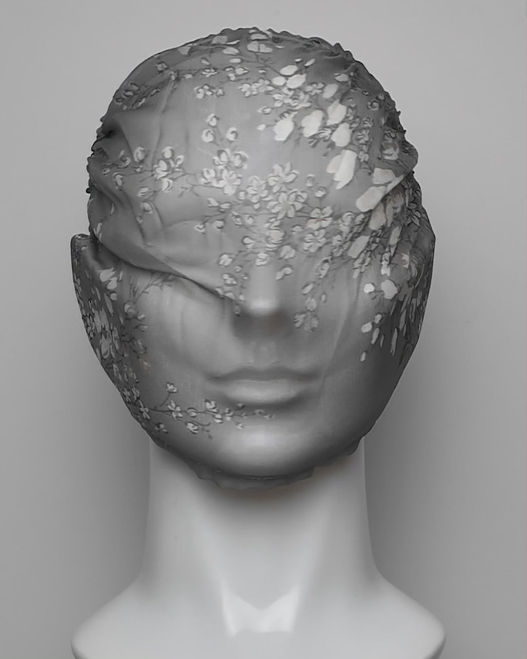 Grey Floral Pure Silk See Through Headband Face Mask